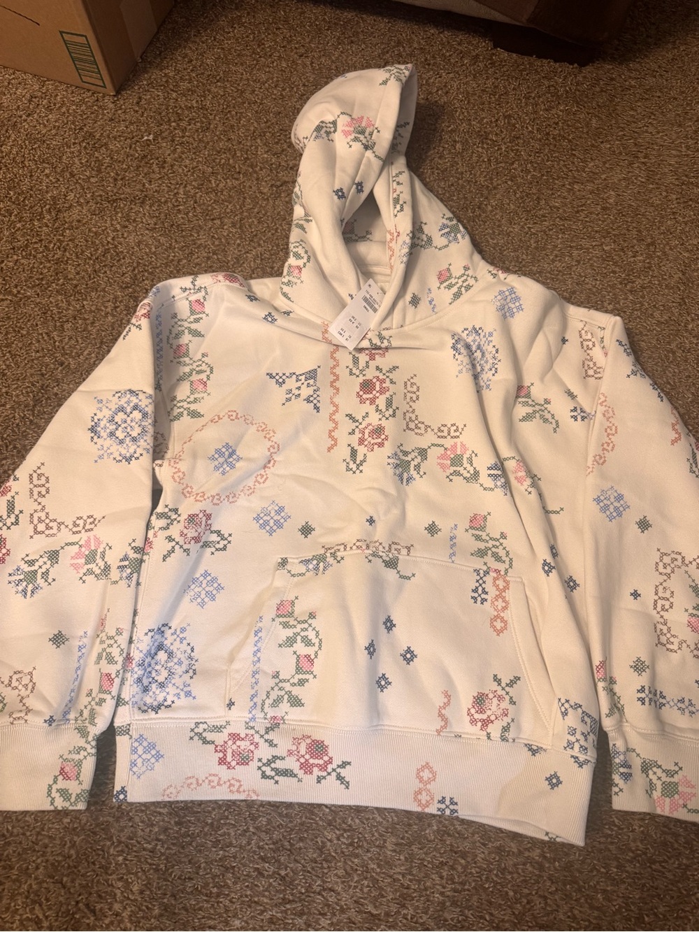 Abercrombie & Fitch Cream Hoodie with Pastel Floral Cross-Stitch Print